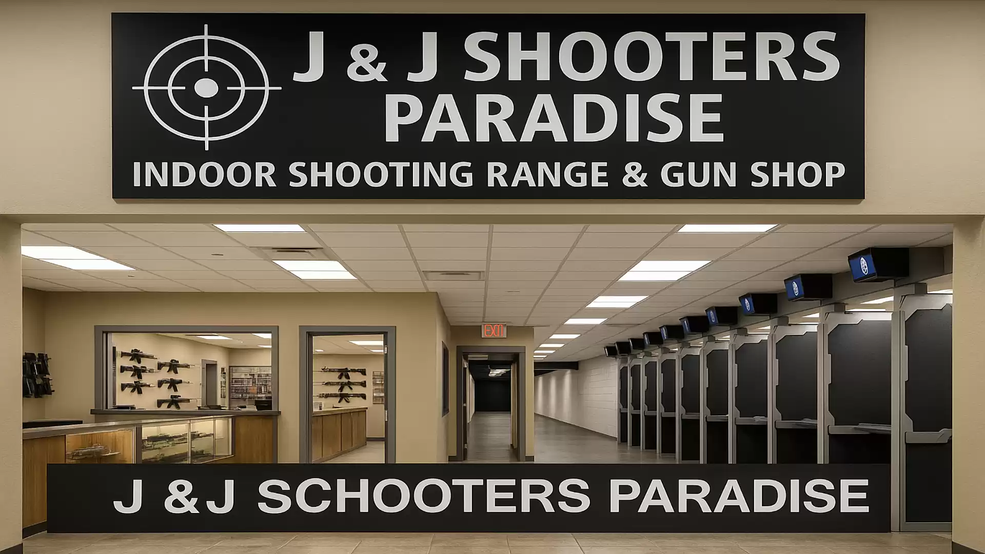Interior view of an indoor shooting range called J & J Shooters Paradise with an attached gun shop.