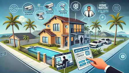 Illustration of a house with security surveillance, monitoring cameras and digital absence management.