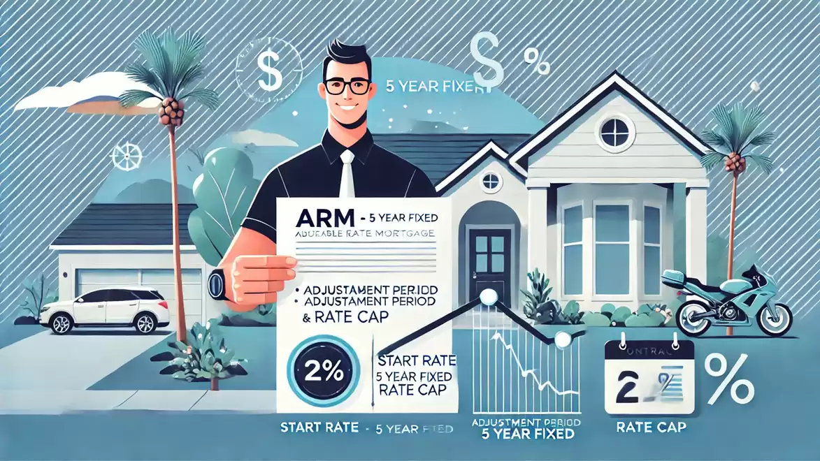 Illustration of a modern house with a man explaining ARM financing options. Includes symbols for interest rates and charts to depict adjustment periods and rate caps.