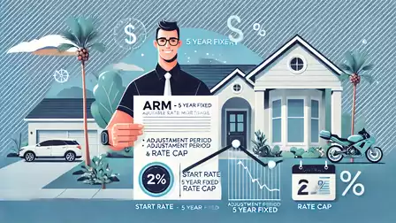 Illustration of a modern house with a man explaining ARM financing options. Includes symbols for interest rates and charts to depict adjustment periods and rate caps.