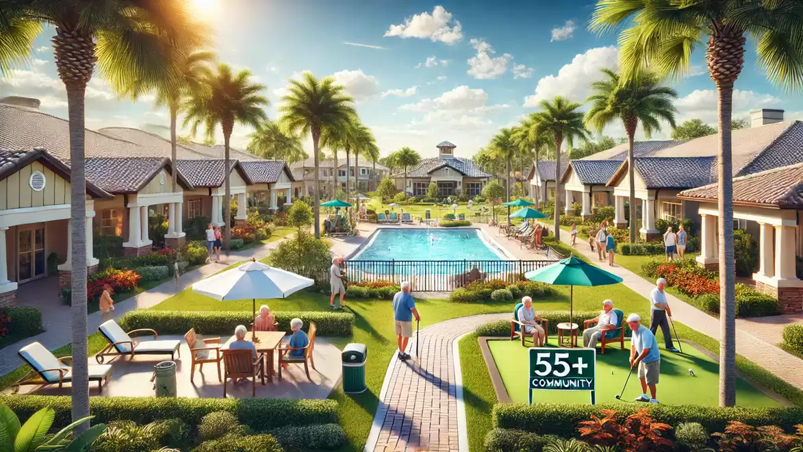 Peaceful senior living community with a pool and green surroundings.