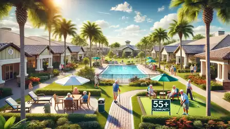 Peaceful senior living community with a pool and green surroundings.