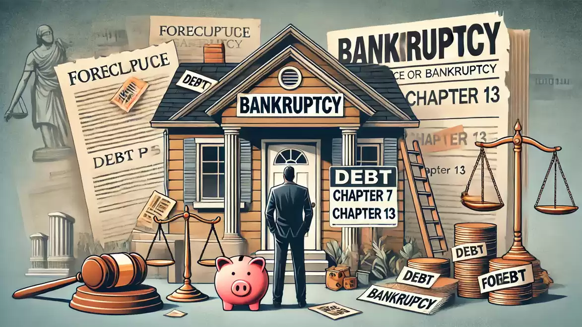 Illustration of a man standing in front of a courthouse with bankruptcy documents and debt notices.