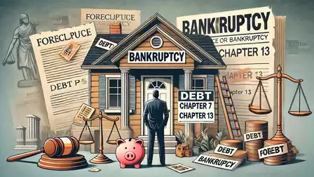 Illustration of a man standing in front of a courthouse with bankruptcy documents and debt notices.