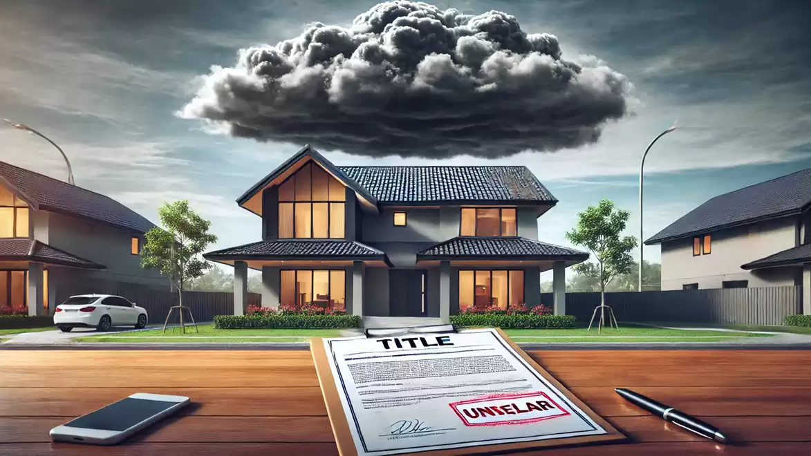 Image of a modern house with a dark roof under a threatening cloud, in the foreground a document with the words 'Title' and 'UNHEILAR'.
