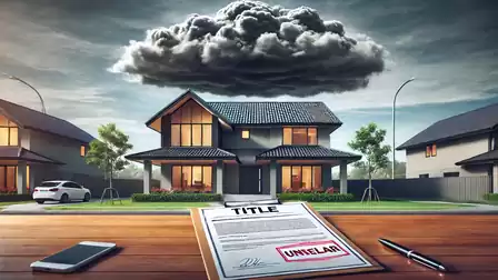 Image of a modern house with a dark roof under a threatening cloud, in the foreground a document with the words 'Title' and 'UNHEILAR'.