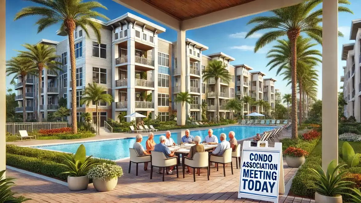 A modern residential building with a pool in the foreground. A group of people sit together at a table for a condo association meeting. Palm trees and well-maintained landscaping in the background.