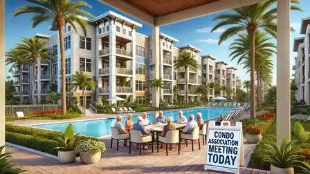 A modern residential building with a pool in the foreground. A group of people sit together at a table for a condo association meeting. Palm trees and well-maintained landscaping in the background.