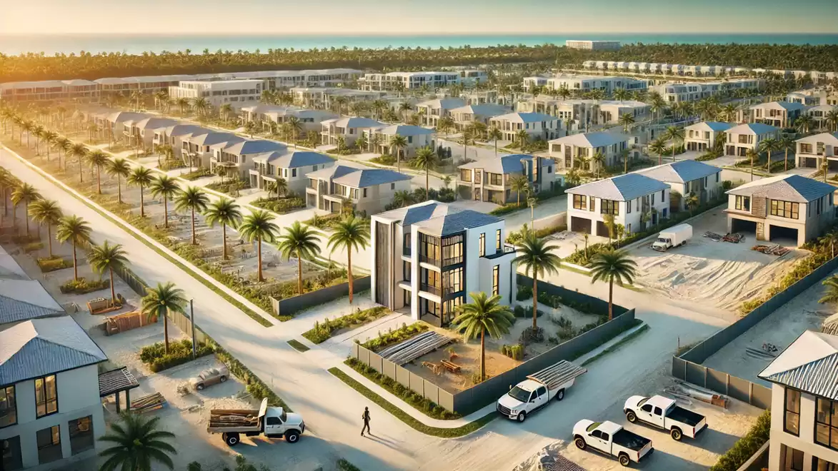 Aerial view of a modern residential area with palm decoration, detached houses, and access to a wide road under bright sunshine.
