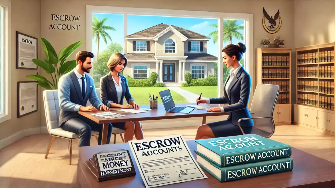 A financial advisor explains the concept of escrow accounts to clients in a modern office overlooking a house.