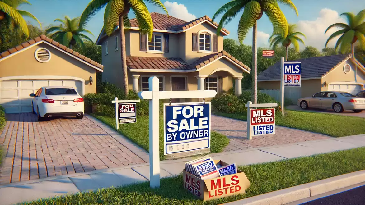 Image of a house with multiple 'For Sale' signs in the front yard, surrounded by palm trees and clear sky. Depicts a pleasant residential neighborhood.