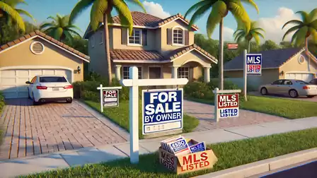 Image of a house with multiple 'For Sale' signs in the front yard, surrounded by palm trees and clear sky. Depicts a pleasant residential neighborhood.