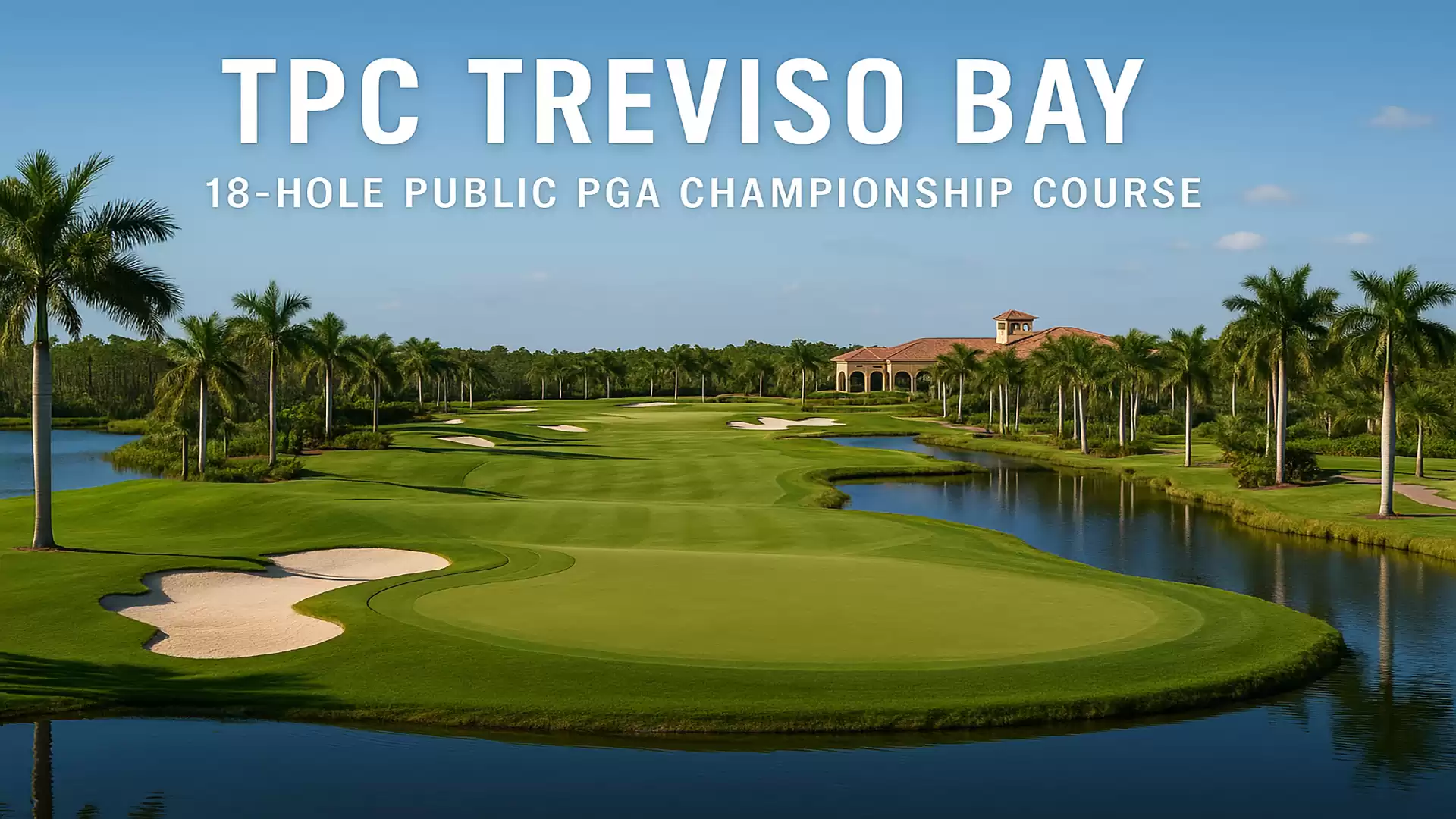 View of the TPC Treviso Bay golf course with palm trees, water hazards, and a clubhouse in the background.