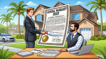 Illustration of two men signing a contract for a house purchase. One man stands and shakes hands with the other, who is seated at a table. In the background, a modern house with palm trees is visible.