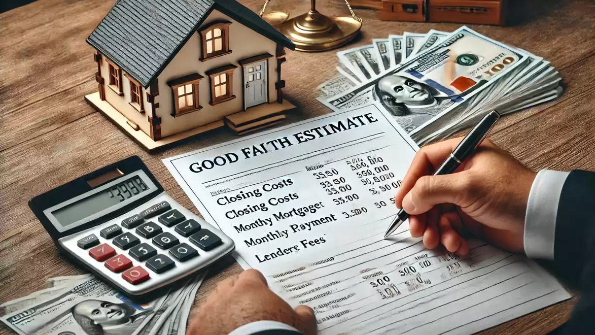Table with a small model house, stacks of money, a calculator, and a hand filling out a document with financial data and loan costs.