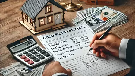 Table with a small model house, stacks of money, a calculator, and a hand filling out a document with financial data and loan costs.