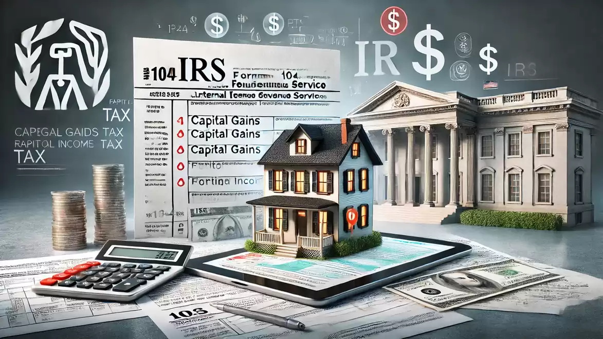 Illustration of tax documents, a small model house, coins, and a calculator, representing capital gains tax and IRS documents.
