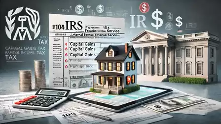 Illustration of tax documents, a small model house, coins, and a calculator, representing capital gains tax and IRS documents.
