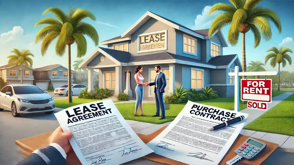 A couple stands in front of a modern house available for rent. A sign says 'For Rent'. In the foreground, there are options for a lease agreement and a purchase contract.