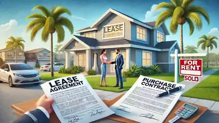 A couple stands in front of a modern house available for rent. A sign says 'For Rent'. In the foreground, there are options for a lease agreement and a purchase contract.