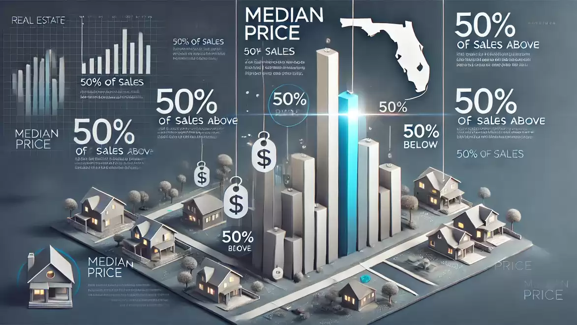 Infographic on real estate prices in Florida featuring a 3D bar chart showing median price and sales data.