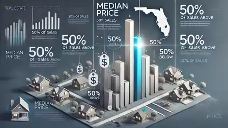 Infographic on real estate prices in Florida featuring a 3D bar chart showing median price and sales data.