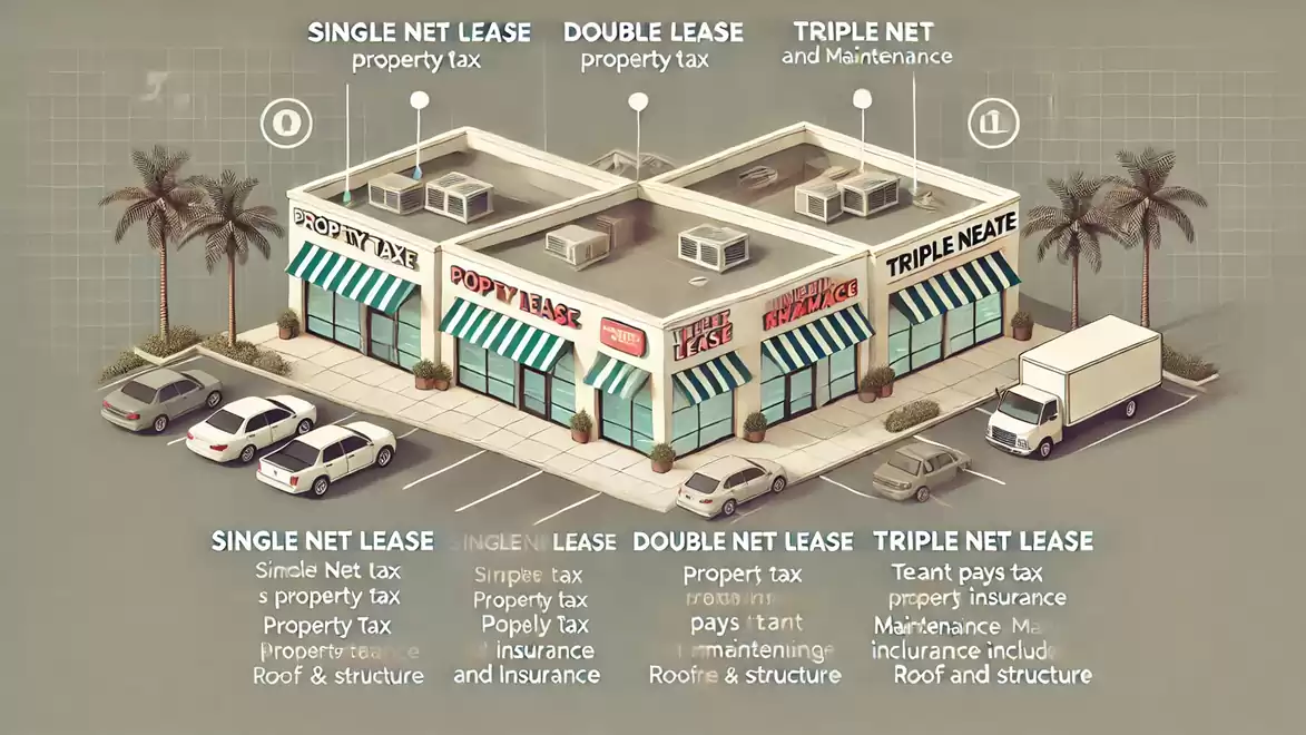Illustration of a commercial building with different lease types: Single Net Lease, Double Lease, and Triple Net Lease. Each lease type includes specific costs like property tax, insurance, and maintenance. The image highlights the differences in tenants'