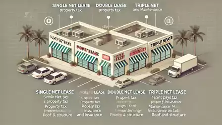 Illustration of a commercial building with different lease types: Single Net Lease, Double Lease, and Triple Net Lease. Each lease type includes specific costs like property tax, insurance, and maintenance. The image highlights the differences in tenants'