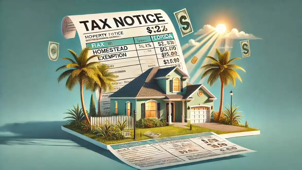 Illustration of a house with palm trees and a tax notice in the background. The tax notice refers to taxes in Florida.