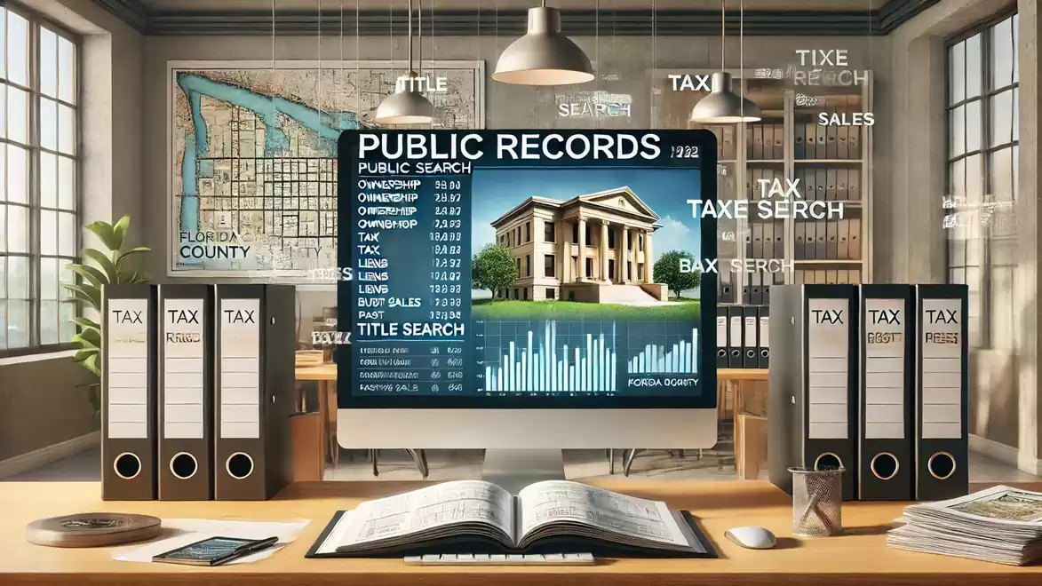 An office with a computer screen displaying public records. In the background, there are binders labeled 'TAX' and a large map on the wall.