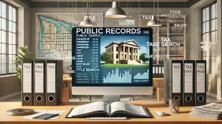 An office with a computer screen displaying public records. In the background, there are binders labeled 'TAX' and a large map on the wall.