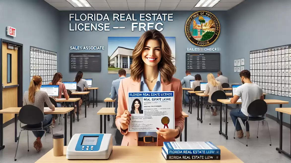 A classroom with several people sitting at computers while a woman in the foreground holds a Florida Real Estate License certificate.