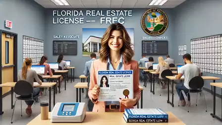 A classroom with several people sitting at computers while a woman in the foreground holds a Florida Real Estate License certificate.