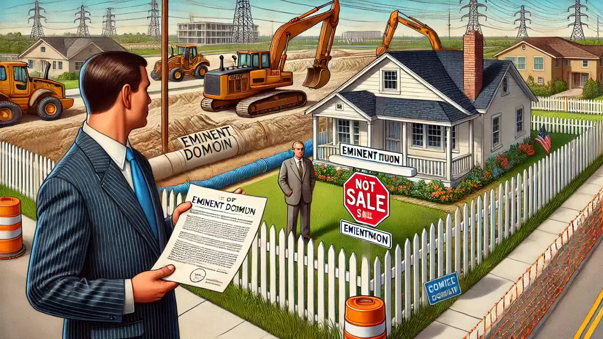 Illustration of a man with a contract standing in front of a fenced house while excavators and construction workers operate in the background. The house has signs saying 'Not for Sale' and 'Eminent Domain'.