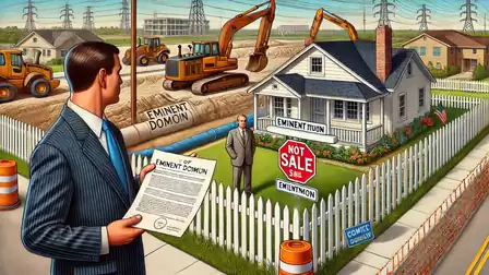 Illustration of a man with a contract standing in front of a fenced house while excavators and construction workers operate in the background. The house has signs saying 'Not for Sale' and 'Eminent Domain'.