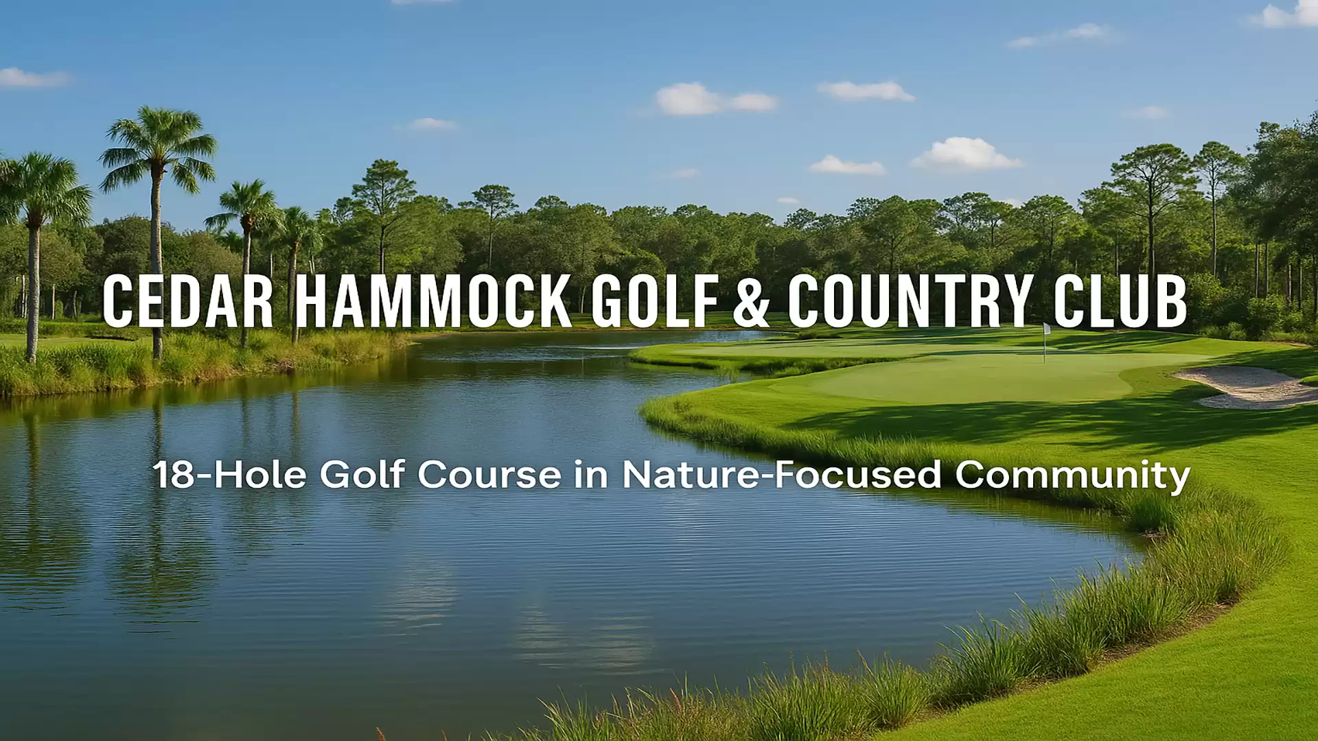 View of the Cedar Hammock Golf & Country Club with an 18-hole golf course in a nature-focused setting, surrounded by palm trees and a tranquil lake.