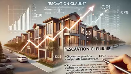 Contemporary residential buildings with rising graph lines depicting the concept of increasing real estate value, surrounded by economic terms and statistics.