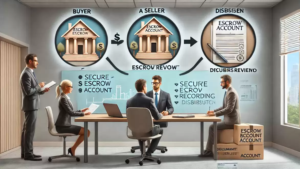 Business professionals discussing an escrow account in a modern office with charts on the wall.