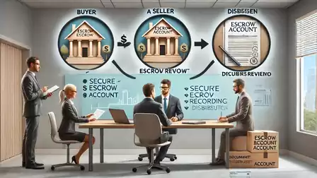 Business professionals discussing an escrow account in a modern office with charts on the wall.