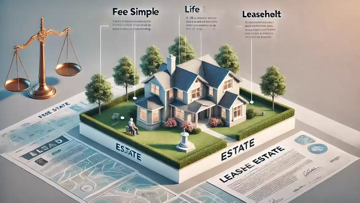 Graphic illustrating different types of property ownership, including Fee Simple, Life, and Leasehold, featuring a model house and legal documents.