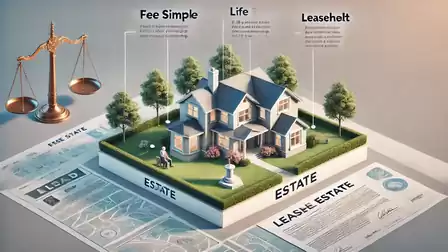 Graphic illustrating different types of property ownership, including Fee Simple, Life, and Leasehold, featuring a model house and legal documents.