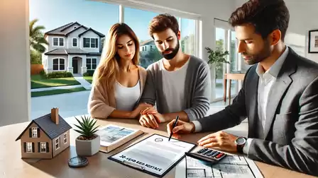 A couple sitting with a real estate agent at a table, surrounded by house plans, a calculator, and a model house, with a modern residential house visible in the background through a window with a garden view.
