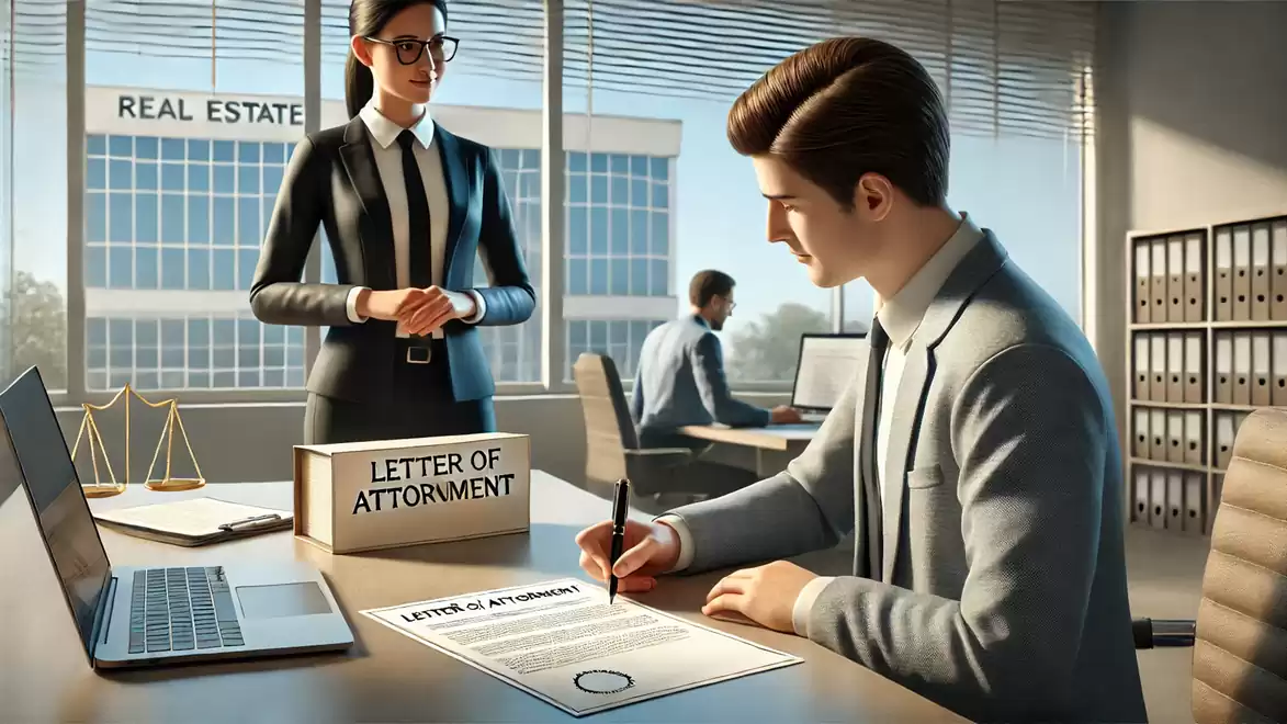 An office with two people working at a desk. One person is seated and signing a document labeled 'Letter of Attornment', while the other person stands watching. In the background, a building with the sign 'Real Estate' is visible.