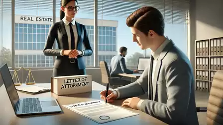 An office with two people working at a desk. One person is seated and signing a document labeled 'Letter of Attornment', while the other person stands watching. In the background, a building with the sign 'Real Estate' is visible.