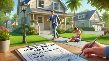 Illustration of a man in a suit approaching a crying child on the sidewalk, while someone signs a liability insurance policy. A house and trees are visible in the background.