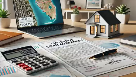 A desk with a real estate loan agreement, model house, laptop with Florida map, and calculator.
