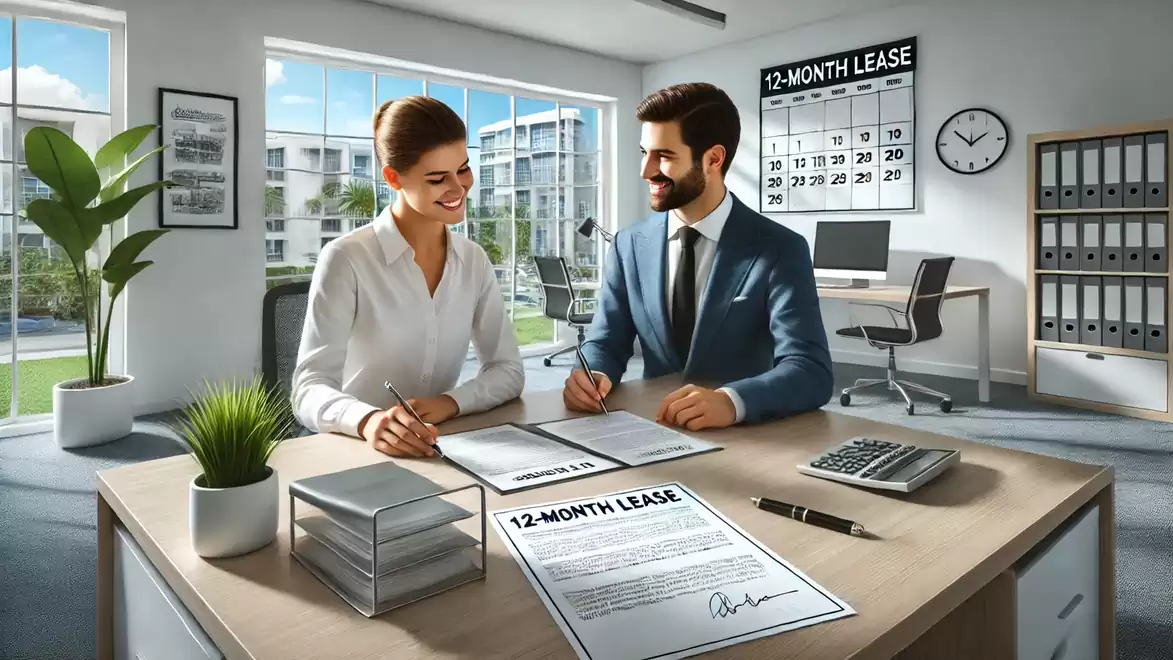 Two business people signing a 12-month lease agreement in a modern office with large windows.