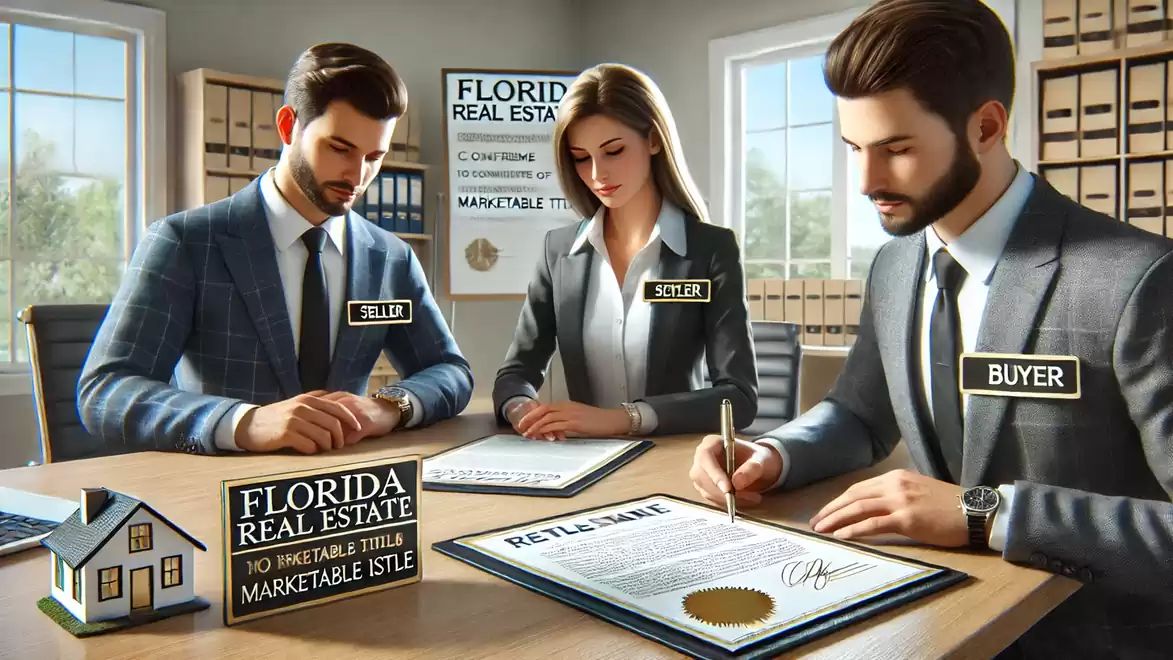 Three business professionals in an office signing real estate contracts. One man is labeled as a buyer, while the others are marked as agents. On the table, there is a sign reading 'Florida Real Estate'.