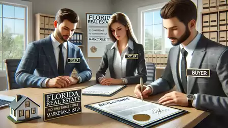 Three business professionals in an office signing real estate contracts. One man is labeled as a buyer, while the others are marked as agents. On the table, there is a sign reading 'Florida Real Estate'.