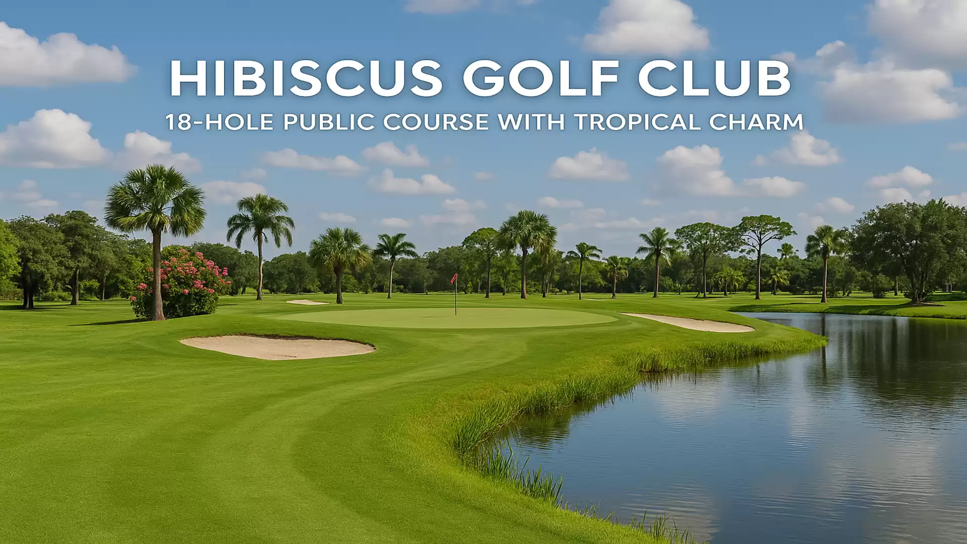 Image of a golf course with lush green, palm trees, and a small pond. The sky is clear and blue; the text on the image reads 'Hibiscus Golf Club - 18-hole public course with tropical charm'.